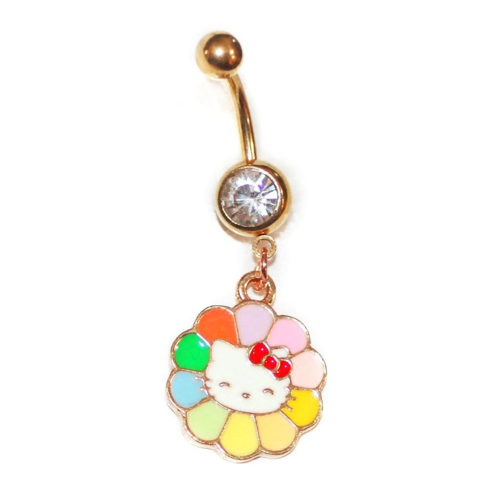 Golden colorful Hello Kitty rainbow flower belly ring